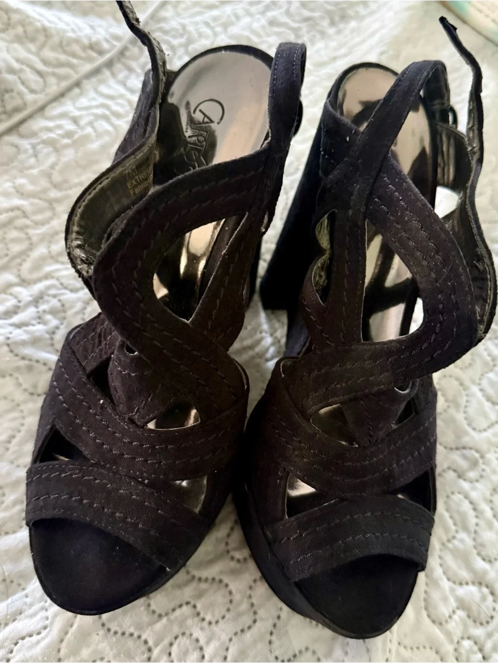 Sexy Carlos Santana Black Suede Platform Wedge Sandals (Size 7)